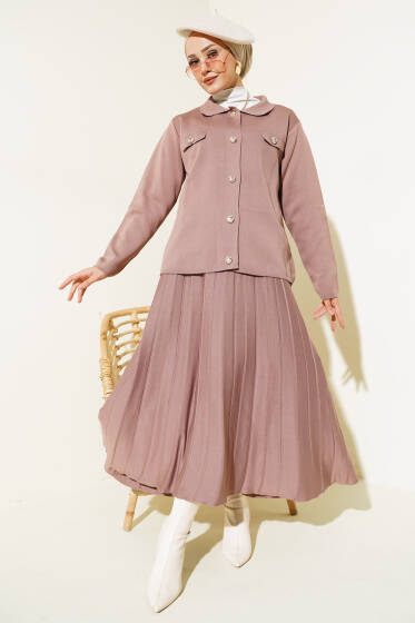 Gömlek Yaka Düğmeli Etekli Triko Takım Gül Kurusu - İkili Takım