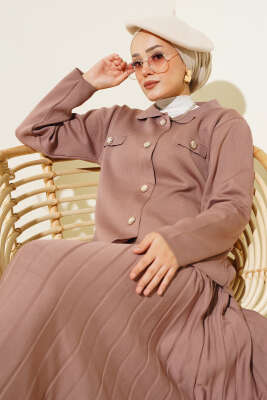 Gömlek Yaka Düğmeli Etekli Triko Takım Gül Kurusu - Triko İkili Takım