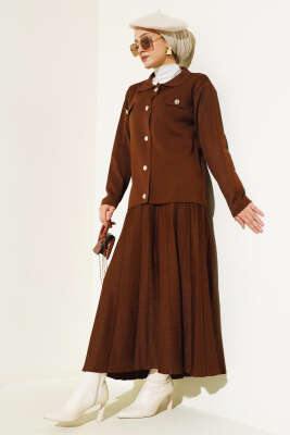 Gömlek Yaka Düğmeli Etekli Triko Takım Kahve