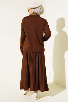 Gömlek Yaka Düğmeli Etekli Triko Takım Kahve - Triko İkili Takım