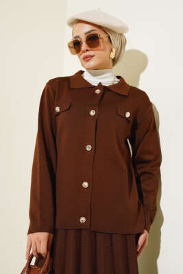 Gömlek Yaka Düğmeli Etekli Triko Takım Kahve - Triko İkili Takım