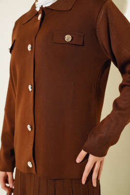 Gömlek Yaka Düğmeli Etekli Triko Takım Kahve - Triko İkili Takım