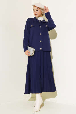 Gömlek Yaka Düğmeli Etekli Triko Takım Lacivert 