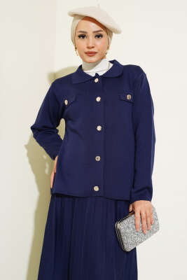 Gömlek Yaka Düğmeli Etekli Triko Takım Lacivert - Triko İkili Takım
