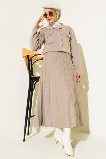 Gömlek Yaka Düğmeli Etekli Triko Takım Latte - İkili Takım