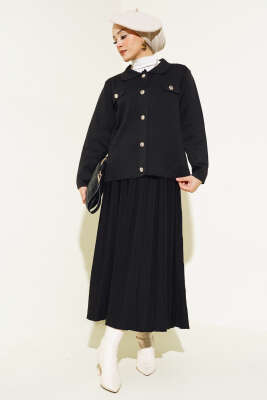 Gömlek Yaka Düğmeli Etekli Triko Takım Siyah 