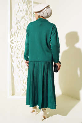 Gömlek Yaka Düğmeli Etekli Triko Takım Zümrüt - Triko İkili Takım