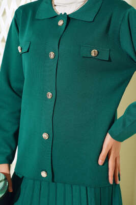 Gömlek Yaka Düğmeli Etekli Triko Takım Zümrüt - Triko İkili Takım