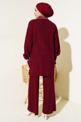 Gömlek Yaka Düğmeli Fitilli Triko Takım Bordo - Triko İkili Takım