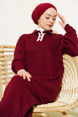 Gömlek Yaka Düğmeli Fitilli Triko Takım Bordo - Triko İkili Takım