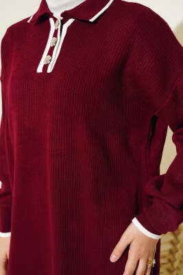 Gömlek Yaka Düğmeli Fitilli Triko Takım Bordo - Triko İkili Takım