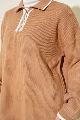 Gömlek Yaka Düğmeli Fitilli Triko Takım Büsküvi - Triko İkili Takım