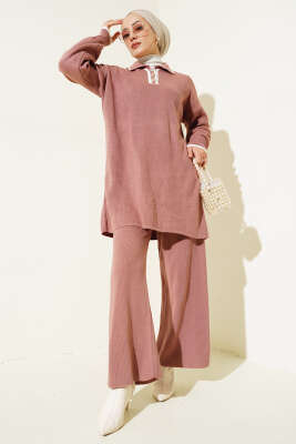 Gömlek Yaka Düğmeli Fitilli Triko Takım Gül Kurusu - KILIÇ TRİKO