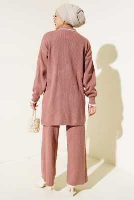 Gömlek Yaka Düğmeli Fitilli Triko Takım Gül Kurusu - Triko İkili Takım