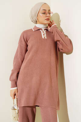 Gömlek Yaka Düğmeli Fitilli Triko Takım Gül Kurusu - Triko İkili Takım