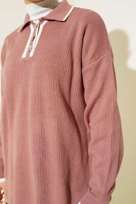 Gömlek Yaka Düğmeli Fitilli Triko Takım Gül Kurusu - Triko İkili Takım