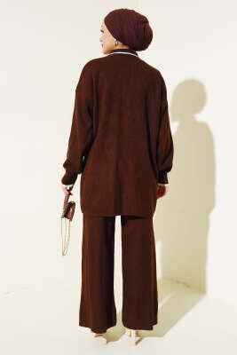 Gömlek Yaka Düğmeli Fitilli Triko Takım Kahve - Triko İkili Takım