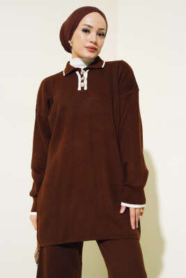 Gömlek Yaka Düğmeli Fitilli Triko Takım Kahve - Triko İkili Takım