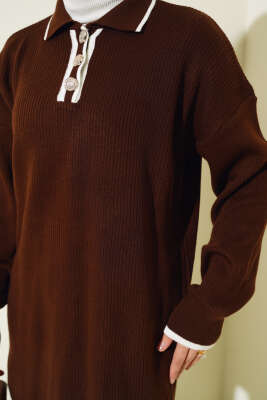 Gömlek Yaka Düğmeli Fitilli Triko Takım Kahve - Triko İkili Takım