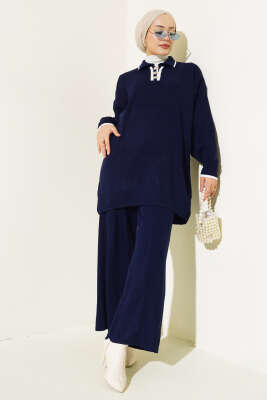 Gömlek Yaka Düğmeli Fitilli Triko Takım Lacivert - Triko İkili Takım