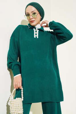 Gömlek Yaka Düğmeli Fitilli Triko Takım Nefti - Triko İkili Takım