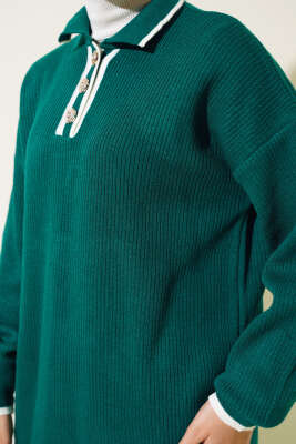 Gömlek Yaka Düğmeli Fitilli Triko Takım Nefti - Triko İkili Takım