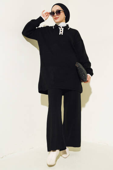 Gömlek Yaka Düğmeli Fitilli Triko Takım Siyah - İkili Takım