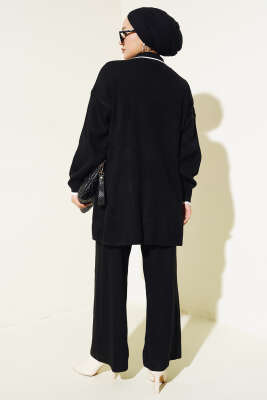 Gömlek Yaka Düğmeli Fitilli Triko Takım Siyah - Triko İkili Takım