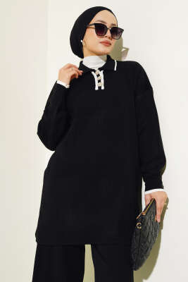 Gömlek Yaka Düğmeli Fitilli Triko Takım Siyah - Triko İkili Takım