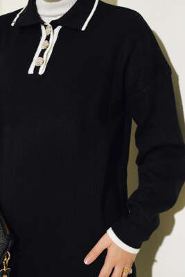 Gömlek Yaka Düğmeli Fitilli Triko Takım Siyah - Triko İkili Takım