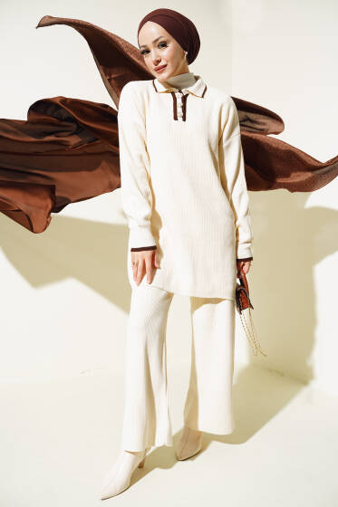 Gömlek Yaka Düğmeli Fitilli Triko Takım Taş - İkili Takım