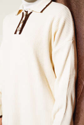 Gömlek Yaka Düğmeli Fitilli Triko Takım Taş - Triko İkili Takım