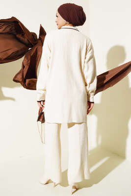 Gömlek Yaka Düğmeli Fitilli Triko Takım Taş - Triko İkili Takım