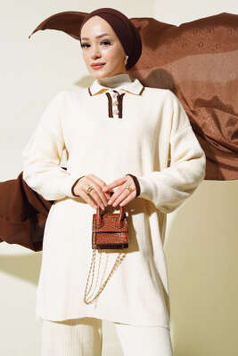 Gömlek Yaka Düğmeli Fitilli Triko Takım Taş - Triko İkili Takım