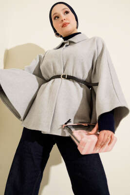 Gömlek Yaka Düğmeli Kaşe Panço Gri - FİXAY