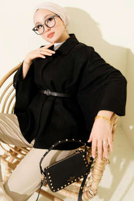 Gömlek Yaka Düğmeli Kaşe Panço Siyah - FİXAY