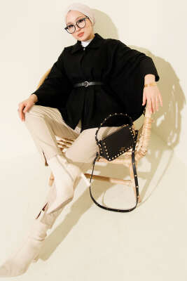 Gömlek Yaka Düğmeli Kaşe Panço Siyah - Panço