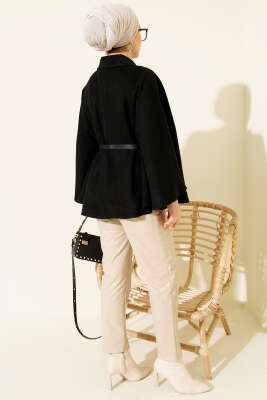 Gömlek Yaka Düğmeli Kaşe Panço Siyah - Panço