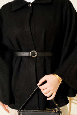 Gömlek Yaka Düğmeli Kaşe Panço Siyah - Panço