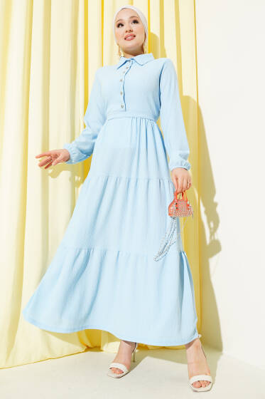 Gömlek Yaka Düğmeli Kat Kat Bürümcük Elbise Bebe Mavi - Elbise