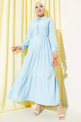 Gömlek Yaka Düğmeli Kat Kat Bürümcük Elbise Bebe Mavi