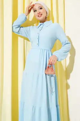 Gömlek Yaka Düğmeli Kat Kat Bürümcük Elbise Bebe Mavi - Tesettür Elbise