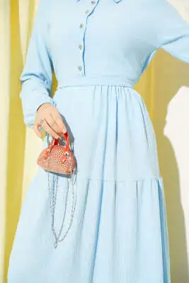 Gömlek Yaka Düğmeli Kat Kat Bürümcük Elbise Bebe Mavi - Tesettür Elbise