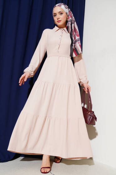 Gömlek Yaka Düğmeli Kat Kat Bürümcük Elbise Bej - Elbise