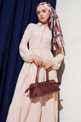 Gömlek Yaka Düğmeli Kat Kat Bürümcük Elbise Bej - Tesettür Elbise