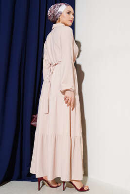 Gömlek Yaka Düğmeli Kat Kat Bürümcük Elbise Bej - Tesettür Elbise