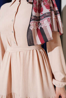 Gömlek Yaka Düğmeli Kat Kat Bürümcük Elbise Bej - Tesettür Elbise