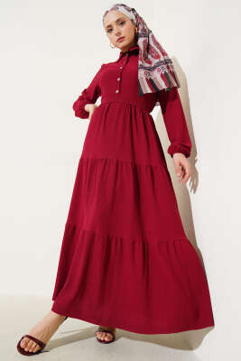 Gömlek Yaka Düğmeli Kat Kat Bürümcük Elbise Bordo 