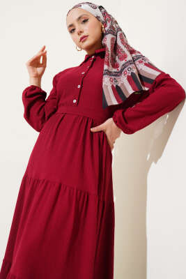 Gömlek Yaka Düğmeli Kat Kat Bürümcük Elbise Bordo - Tesettür Elbise