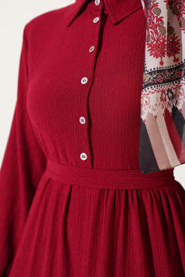 Gömlek Yaka Düğmeli Kat Kat Bürümcük Elbise Bordo - Tesettür Elbise